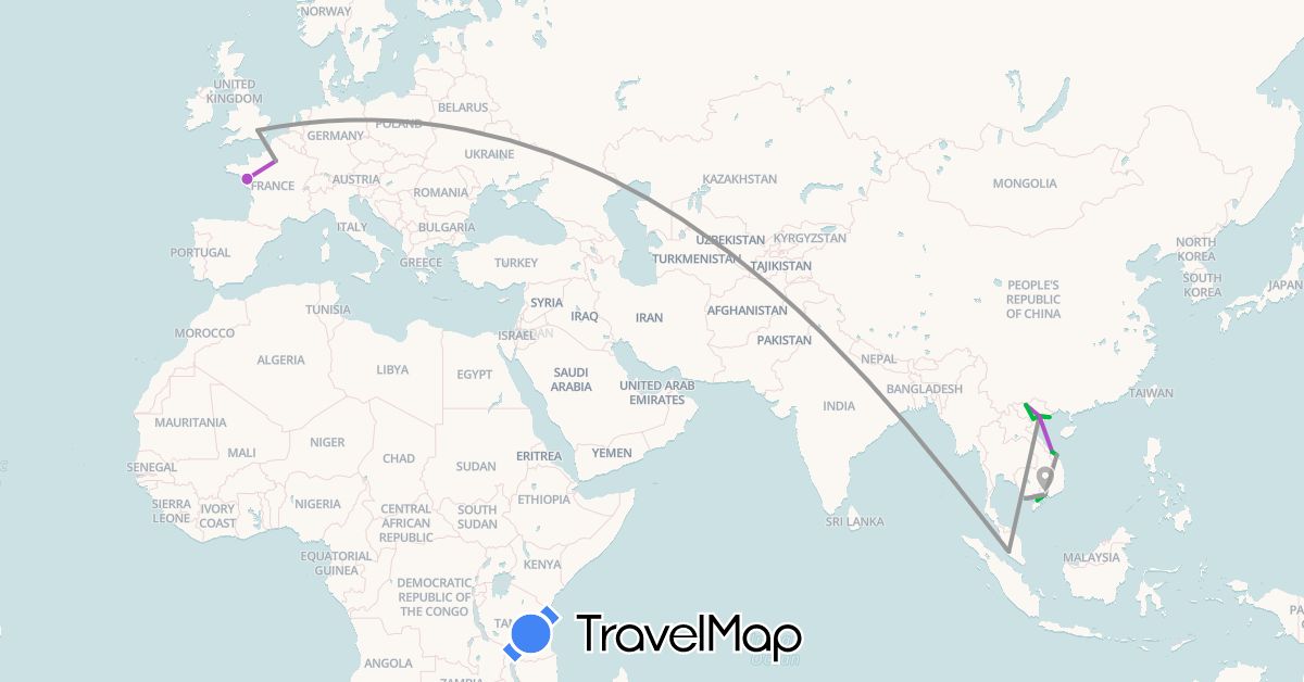 TravelMap itinerary: driving, bus, plane, cycling, train, hiking in France, United Kingdom, Malaysia, Vietnam (Asia, Europe)
