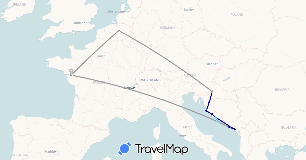 TravelMap itinerary: driving, plane, boat in Belgium, France, Croatia, Montenegro (Europe)